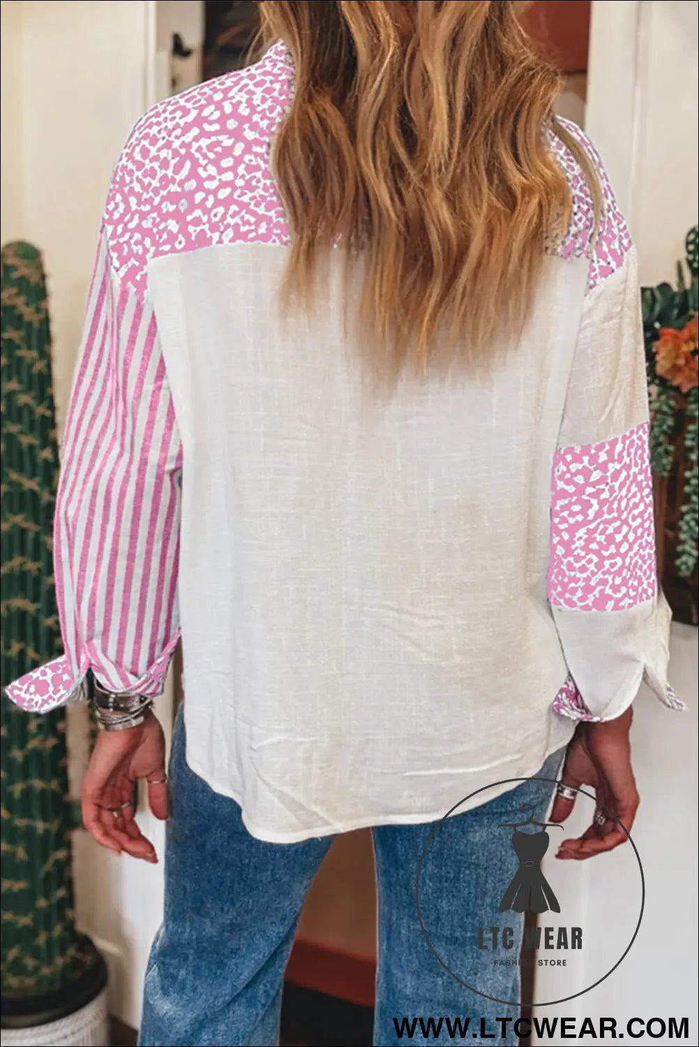 Pink leopard striped patchwork button-up shirt shacket - 20%