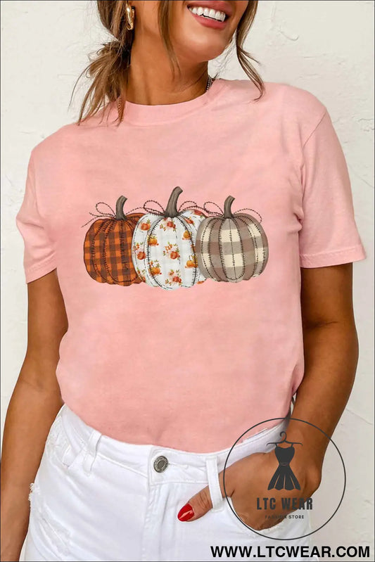 Pink Mix Pattern Pumpkin Print Round Neck T Shirt