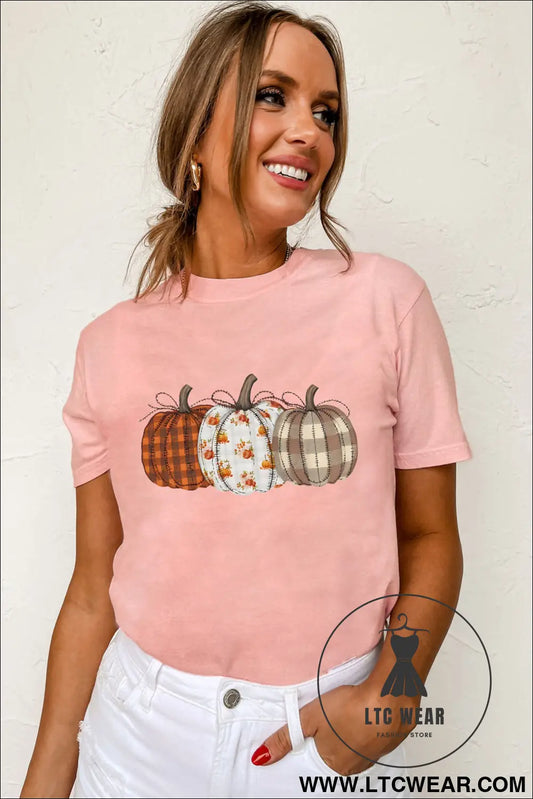 Pink Mix Pattern Pumpkin Print Round Neck T Shirt