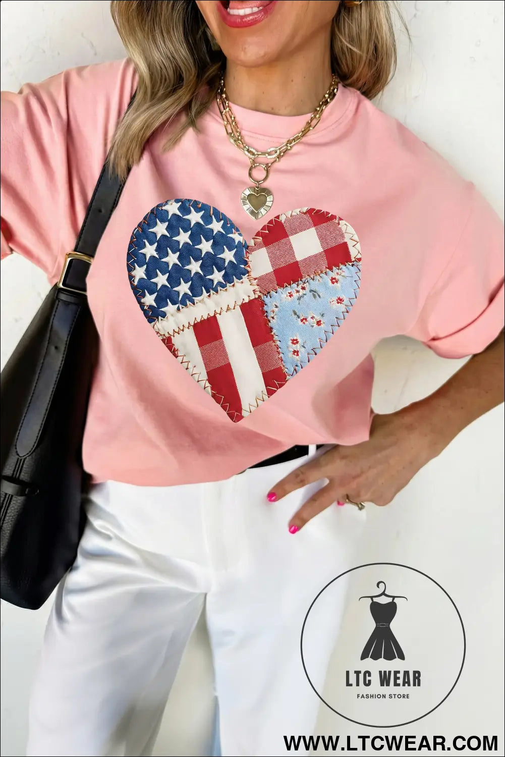 Pink patriotic heart dtg faux patchwork printed tee - pink / 2xl / 62% polyester + 32% cotton + 6% elastane - graphic