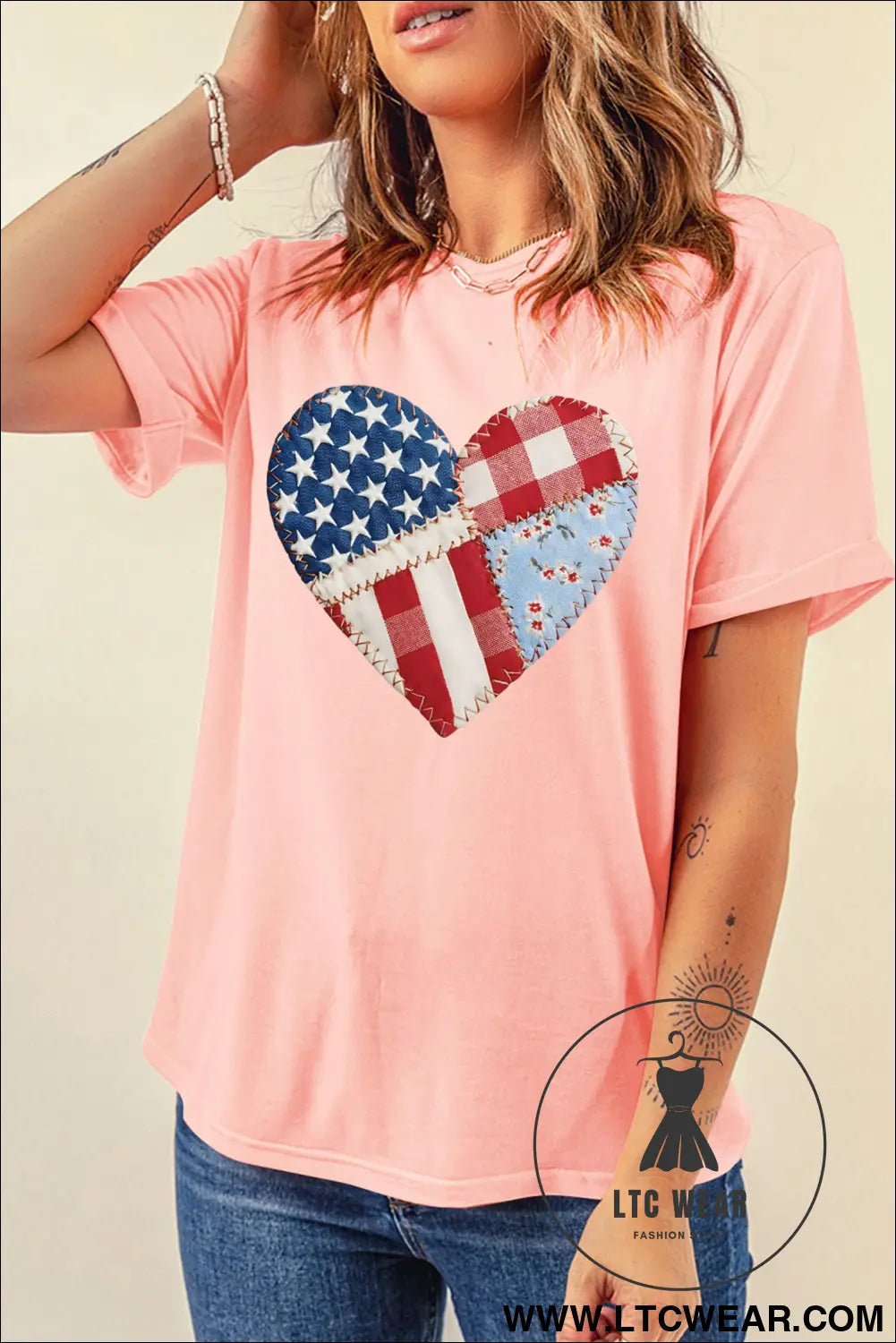 Pink patriotic heart dtg faux patchwork printed tee - graphic tees