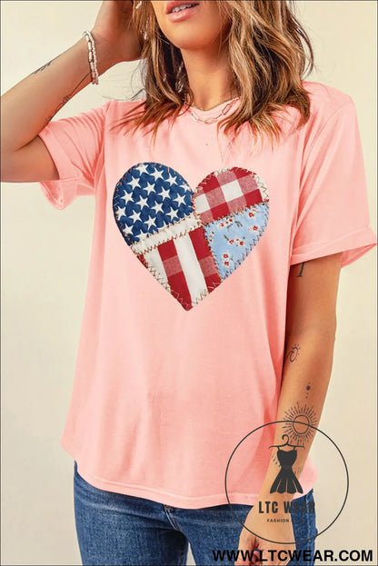 Pink patriotic heart dtg faux patchwork printed tee - graphic tees