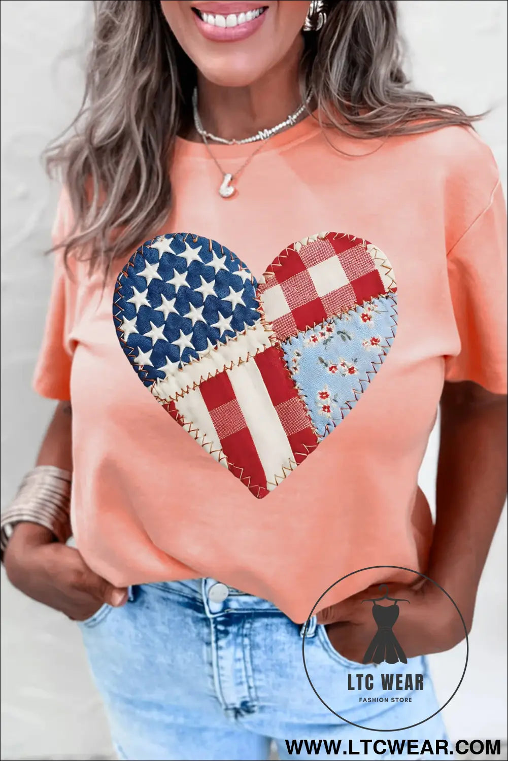 Pink patriotic heart dtg faux patchwork printed tee - graphic tees