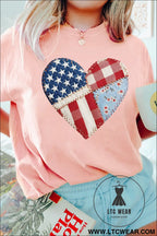 Pink patriotic heart dtg faux patchwork printed tee - graphic tees