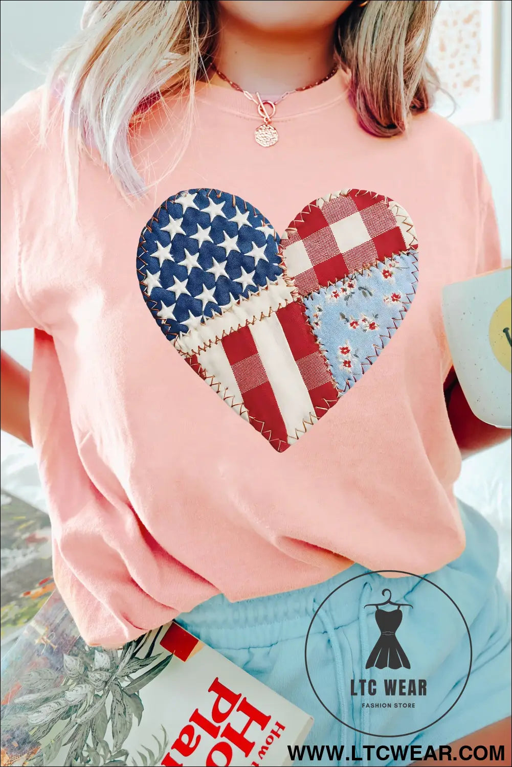 Pink patriotic heart dtg faux patchwork printed tee - graphic tees