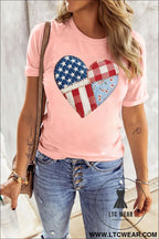 Pink patriotic heart dtg faux patchwork printed tee - graphic tees