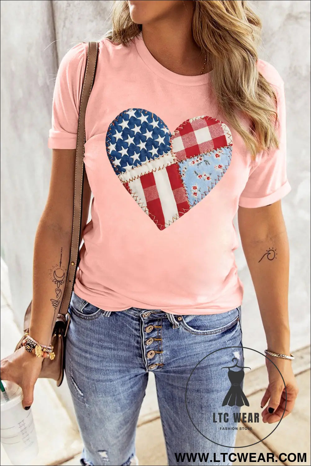 Pink patriotic heart dtg faux patchwork printed tee - graphic tees