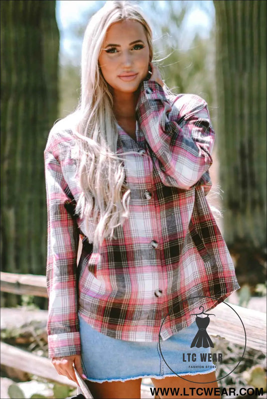 Pink Plaid Flap Pocket Button Up Shacket