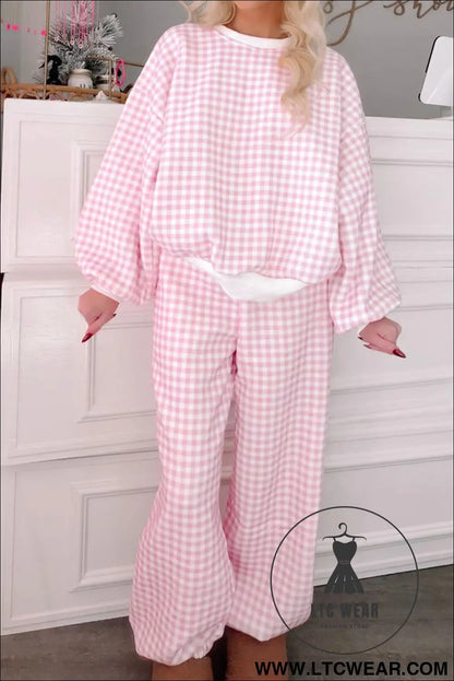 Pink Plaid Long Sleeve Two Piece Pant Set