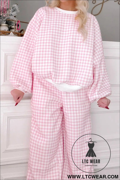 Pink Plaid Long Sleeve Two Piece Pant Set