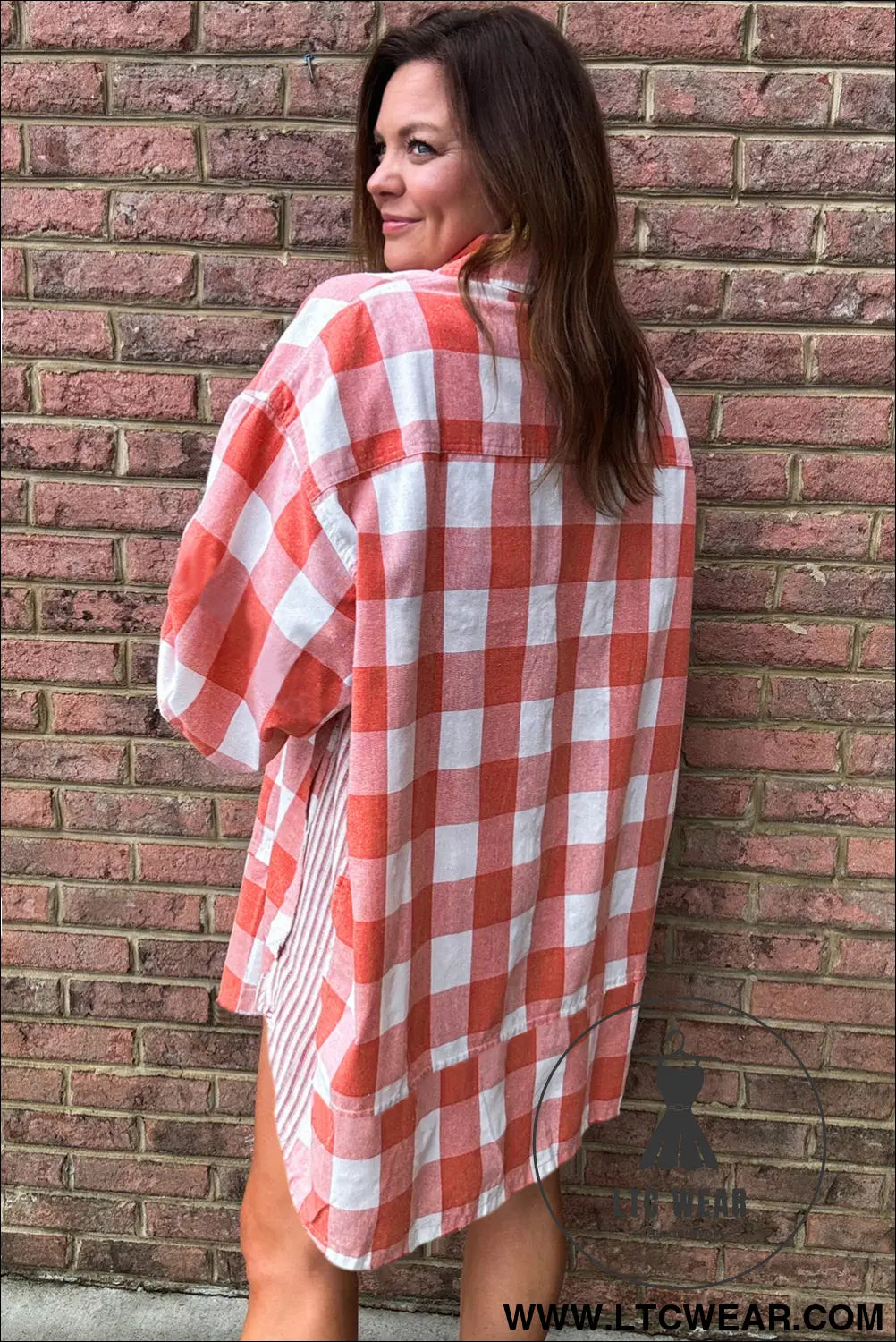 Pink plaid oversized raw hem long sleeve dress - 15%