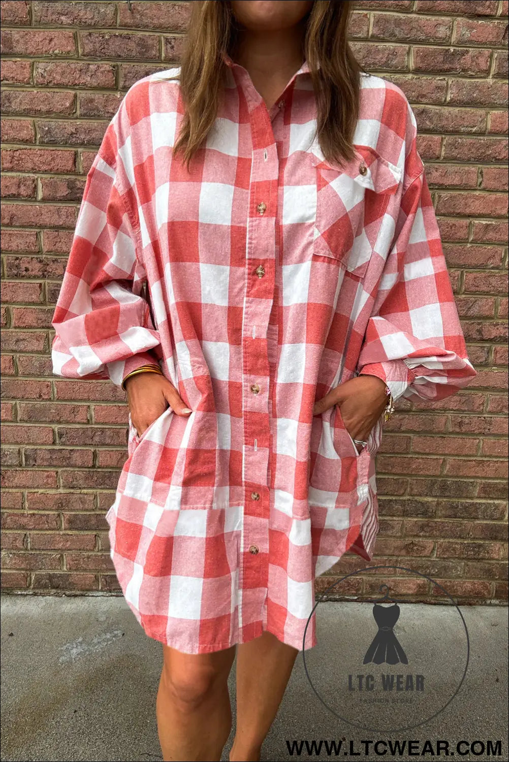 Pink plaid oversized raw hem long sleeve dress - pink / l / 100% cotton - 15%