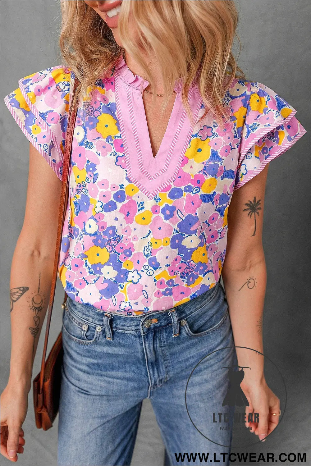 Pink playful floral print striped color block patchwork v neck flutter sleeve blouse - pink / l / 55% cotton + 45%