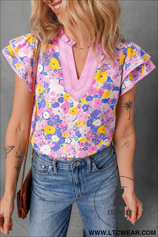 Pink playful floral print striped color block patchwork v neck flutter sleeve blouse - pink / l / 55% cotton + 45%