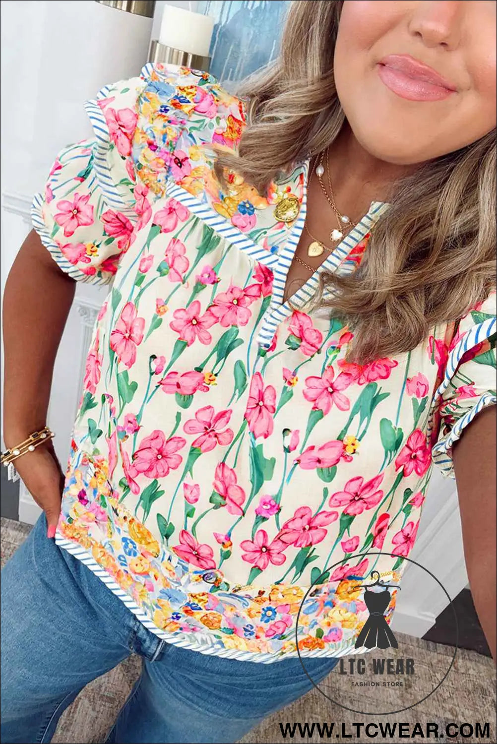 Pink Plus Size Floral Print Striped Trim V Neck Blouse