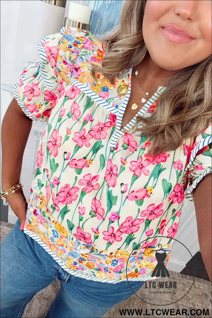 Pink Plus Size Floral Print Striped Trim V Neck Blouse