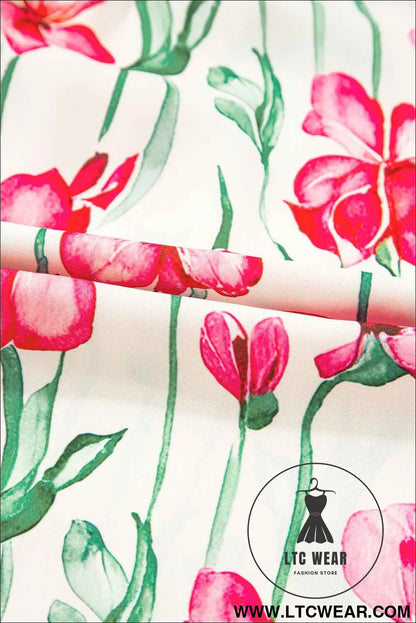 Pink Plus Size Floral Print Striped Trim V Neck Blouse