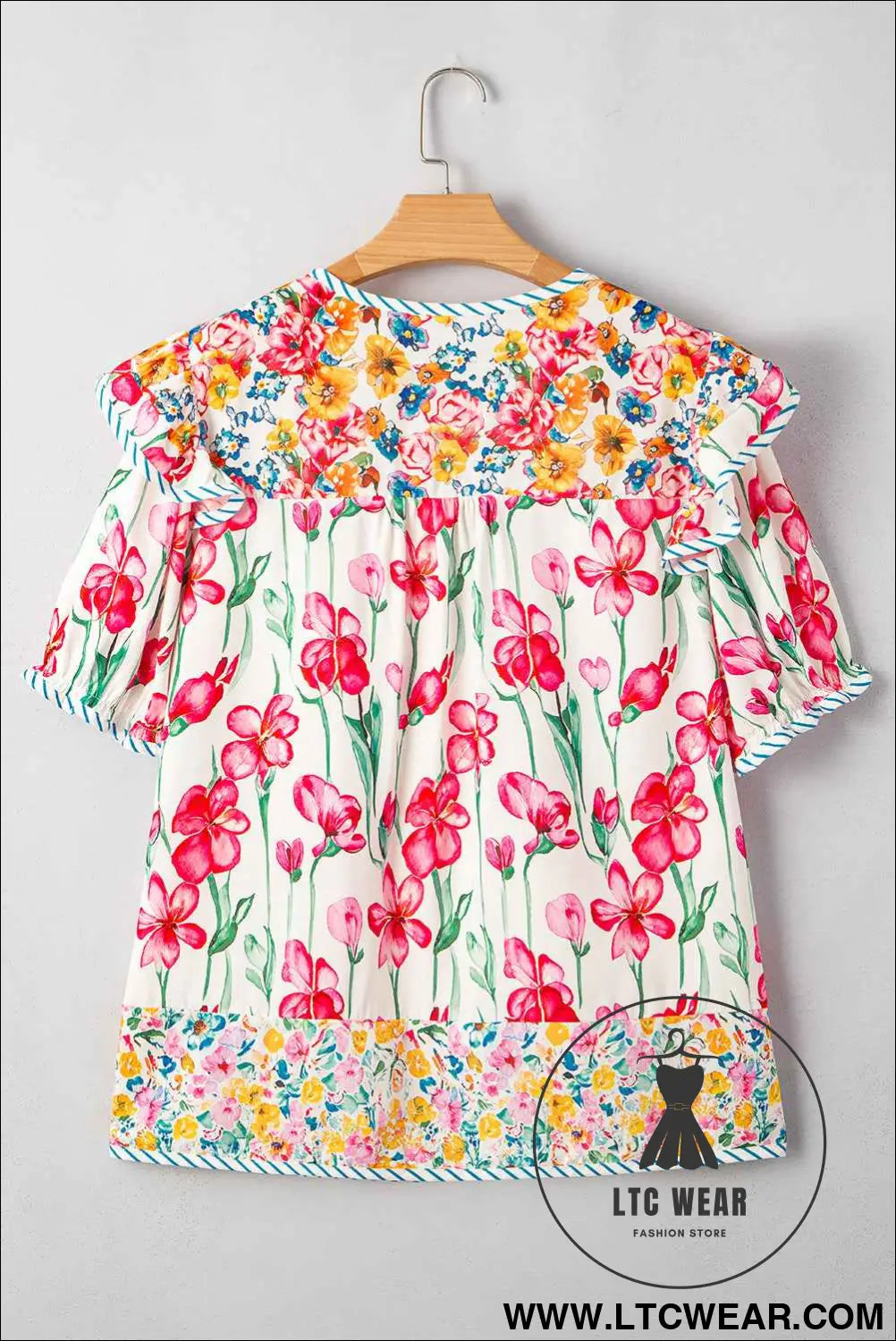 Pink Plus Size Floral Print Striped Trim V Neck Blouse