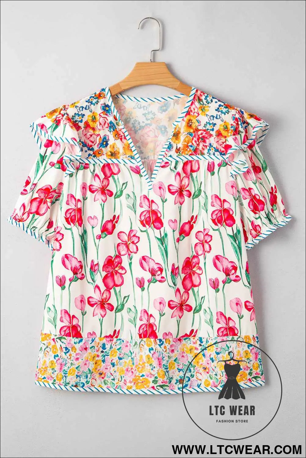 Pink Plus Size Floral Print Striped Trim V Neck Blouse