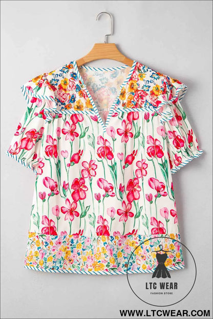 Pink Plus Size Floral Print Striped Trim V Neck Blouse