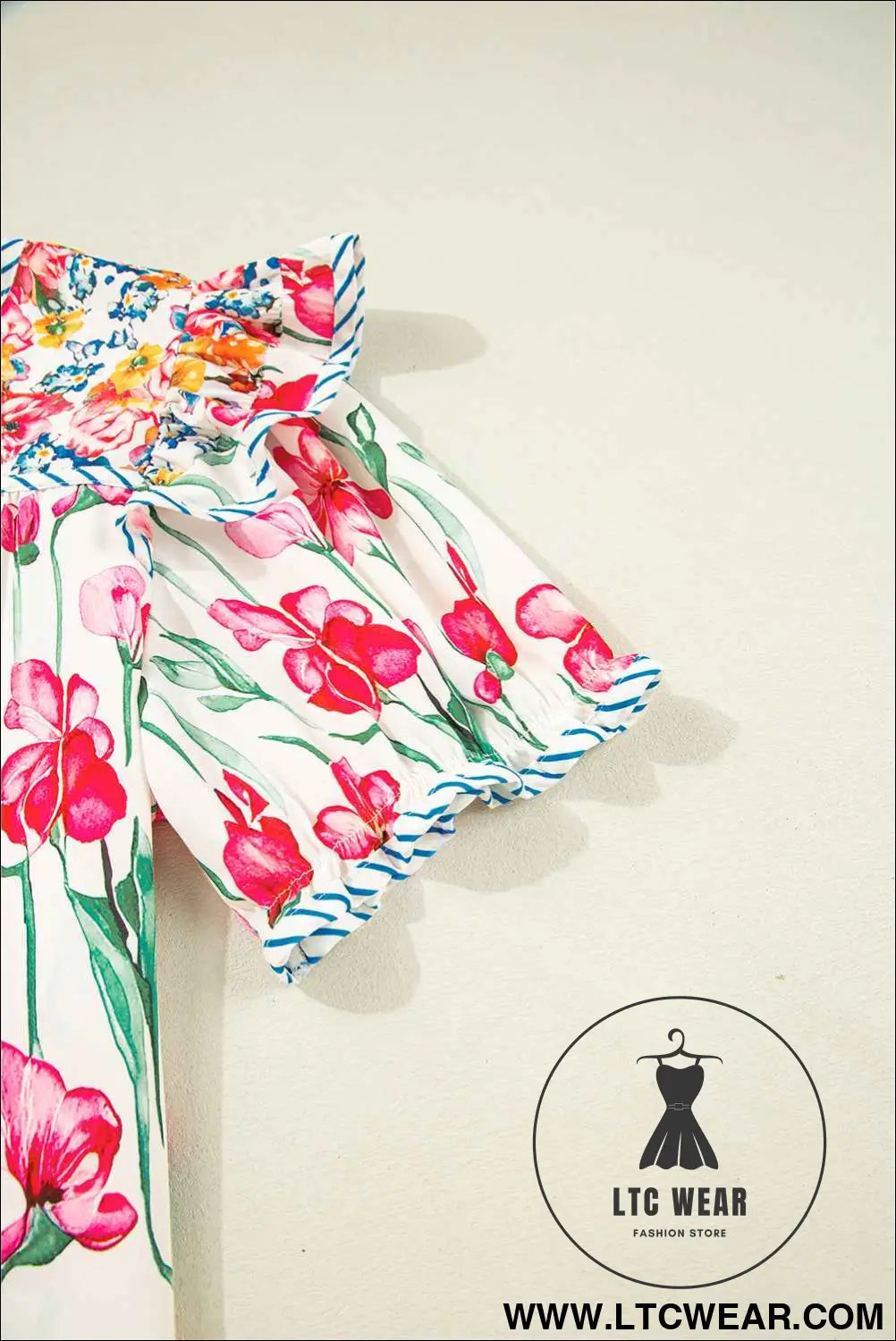 Pink Plus Size Floral Print Striped Trim V Neck Blouse