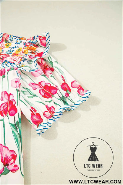 Pink Plus Size Floral Print Striped Trim V Neck Blouse