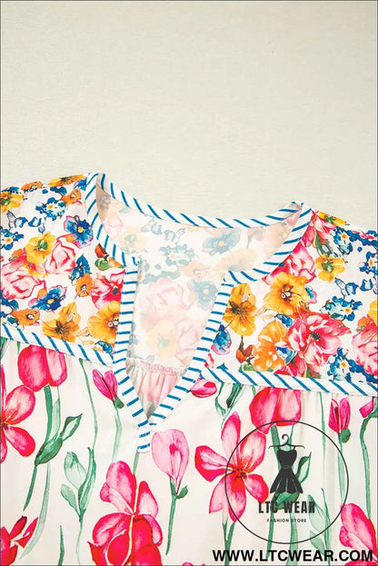 Pink Plus Size Floral Print Striped Trim V Neck Blouse