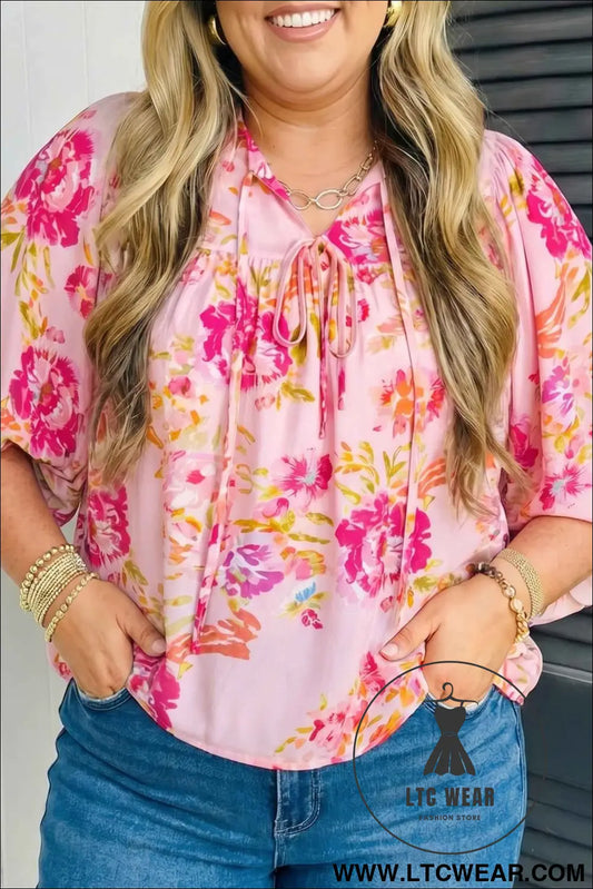 Pink Plus Size Floral Print V Neck Tie Front Short Sleeve Tunic Top
