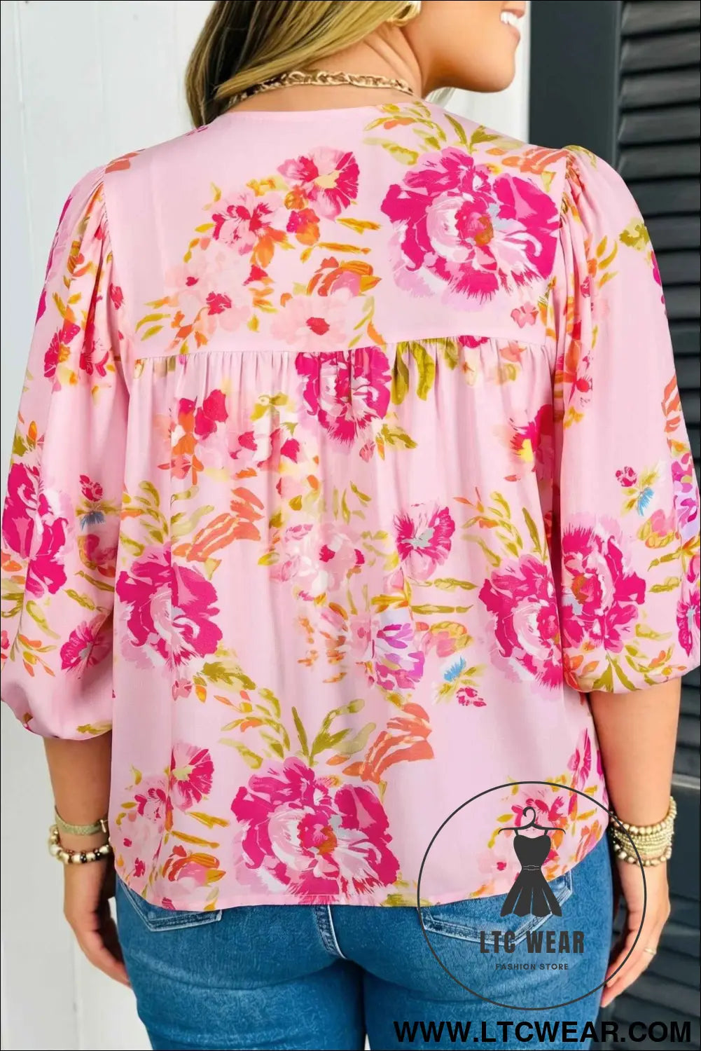 Pink Plus Size Floral Print V Neck Tie Front Short Sleeve Tunic Top