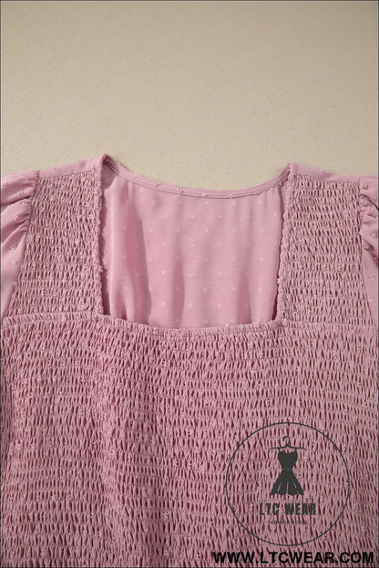 Pink plus size swiss dot short sleeve smocked high waist flowy midi dress - plus size midi dresses