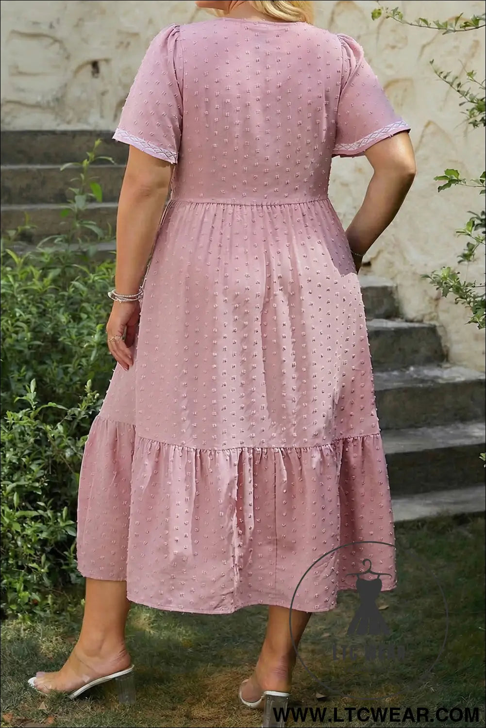 Pink plus size swiss dot short sleeve smocked high waist flowy midi dress - plus size midi dresses