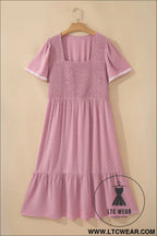 Pink plus size swiss dot short sleeve smocked high waist flowy midi dress - plus size midi dresses