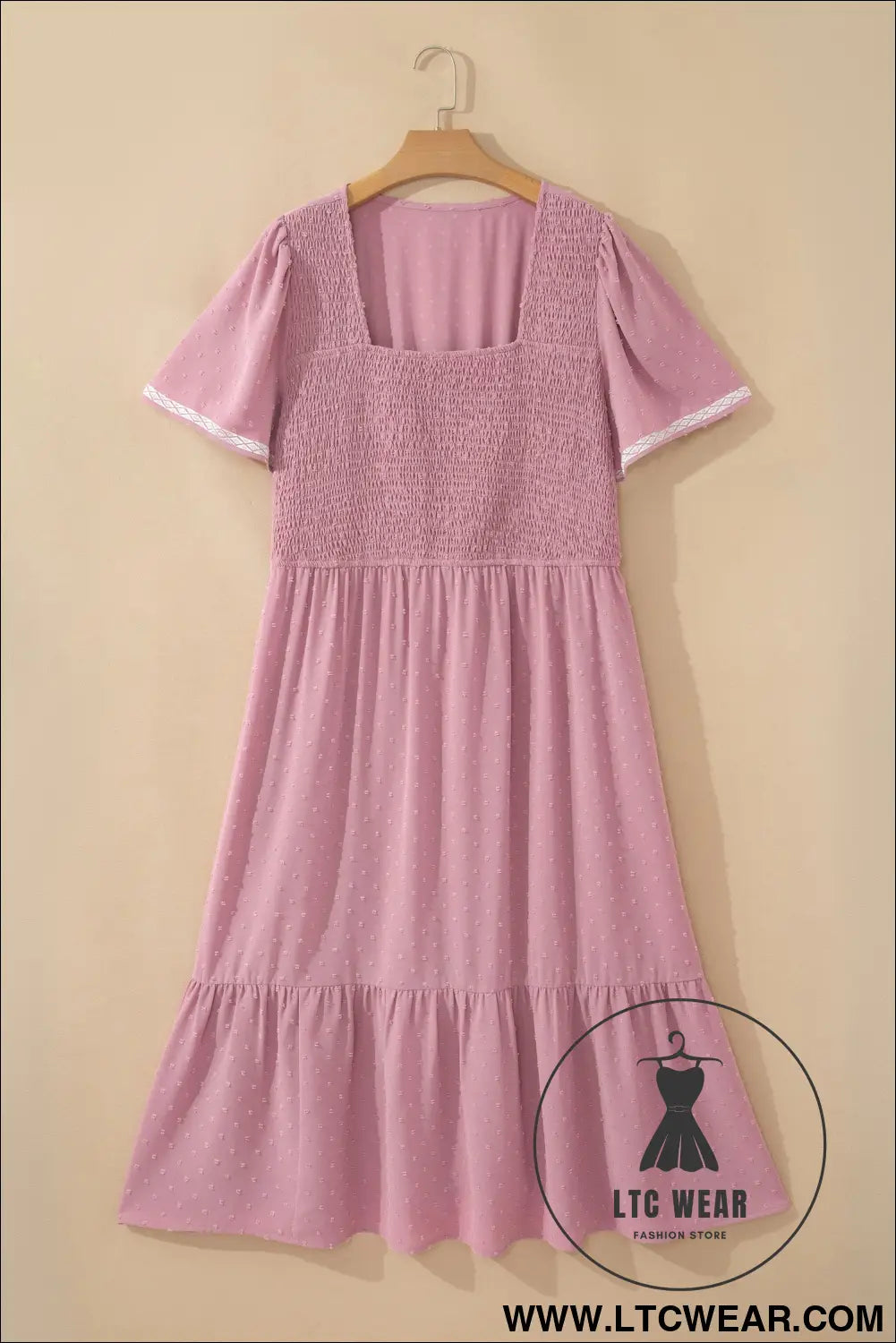 Pink plus size swiss dot short sleeve smocked high waist flowy midi dress - plus size midi dresses