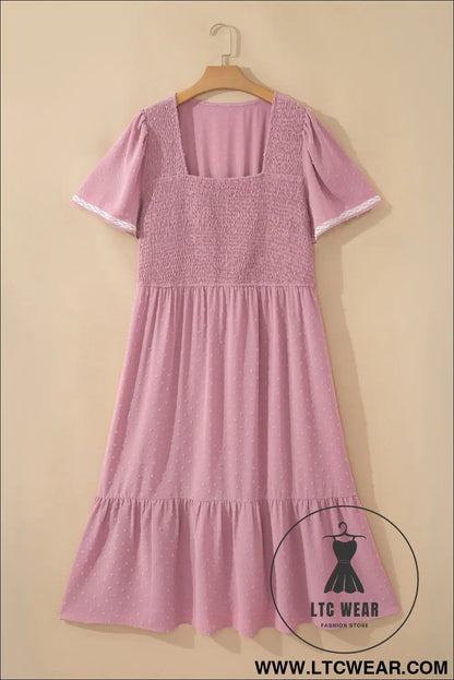 Pink plus size swiss dot short sleeve smocked high waist flowy midi dress - plus size midi dresses