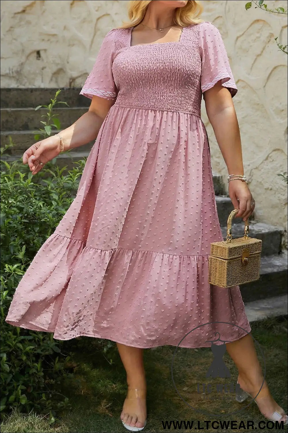 Pink plus size swiss dot short sleeve smocked high waist flowy midi dress - pink / 1x / 100% polyester - plus size midi