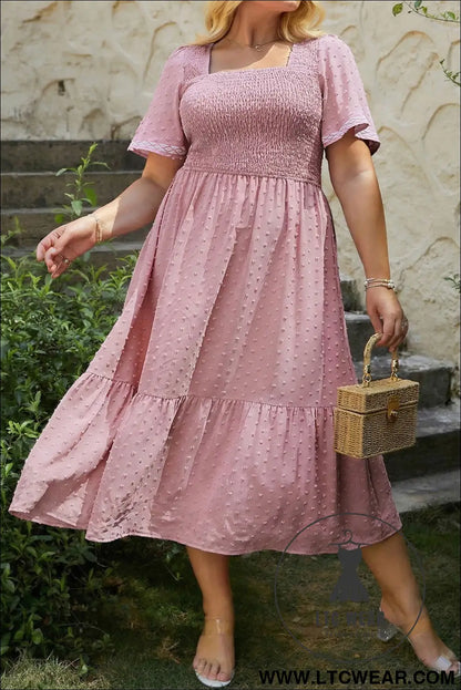 Pink plus size swiss dot short sleeve smocked high waist flowy midi dress - pink / 1x / 100% polyester - plus size midi