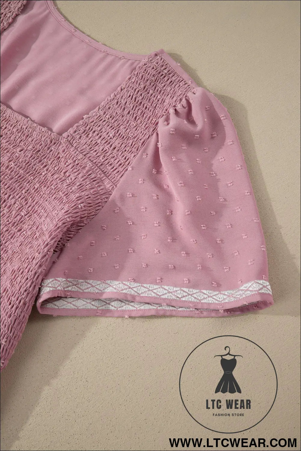 Pink plus size swiss dot short sleeve smocked high waist flowy midi dress - plus size midi dresses
