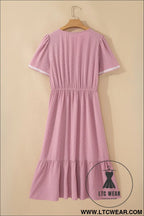 Pink plus size swiss dot short sleeve smocked high waist flowy midi dress - plus size midi dresses