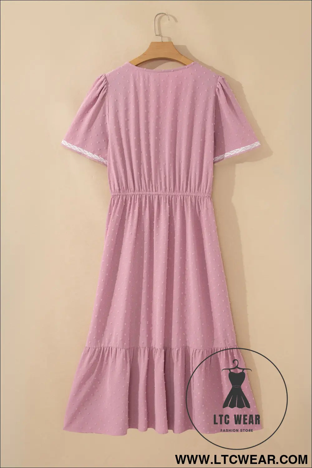 Pink plus size swiss dot short sleeve smocked high waist flowy midi dress - plus size midi dresses