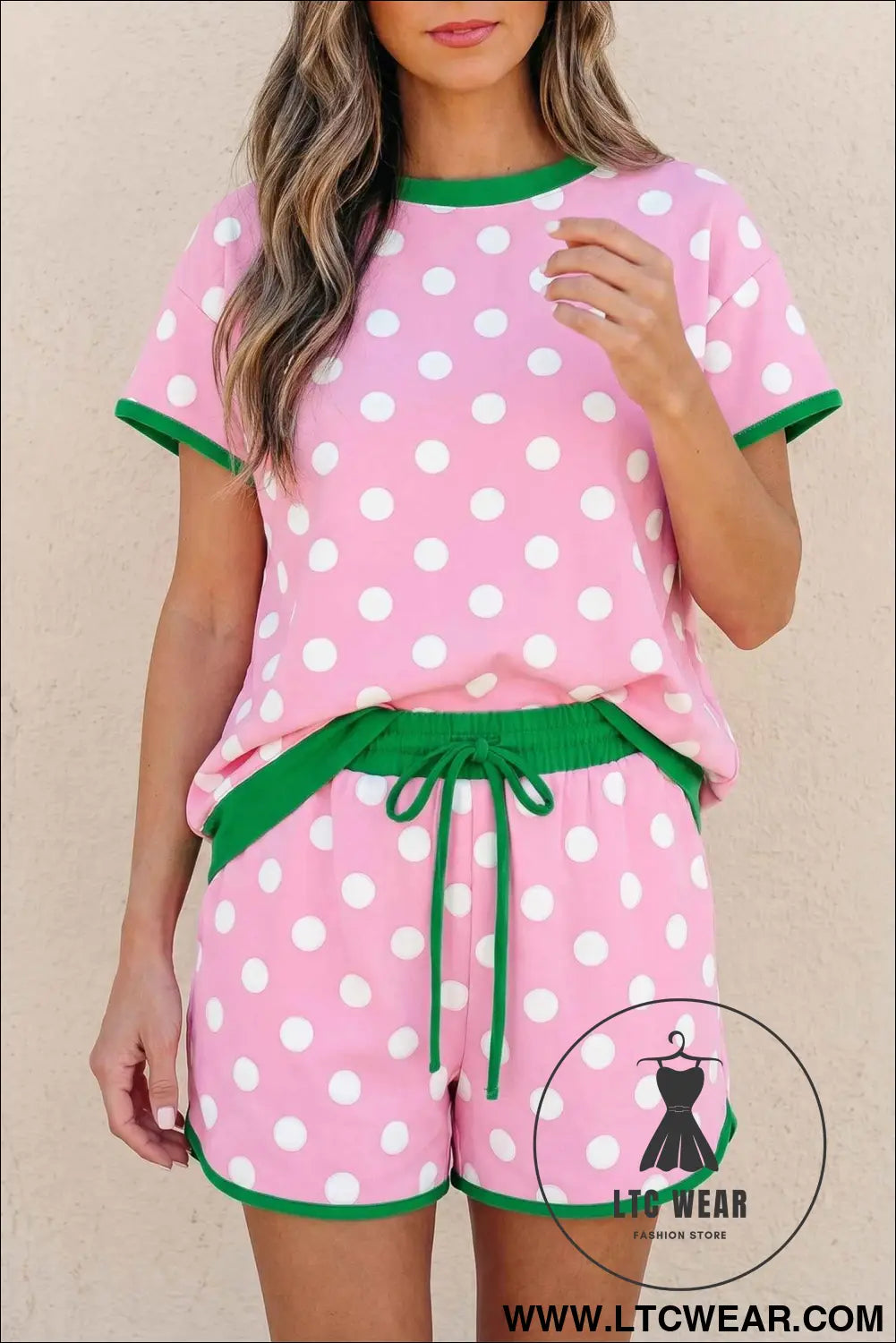 Pink Polka Dot Contrast Edge Casual Short Set