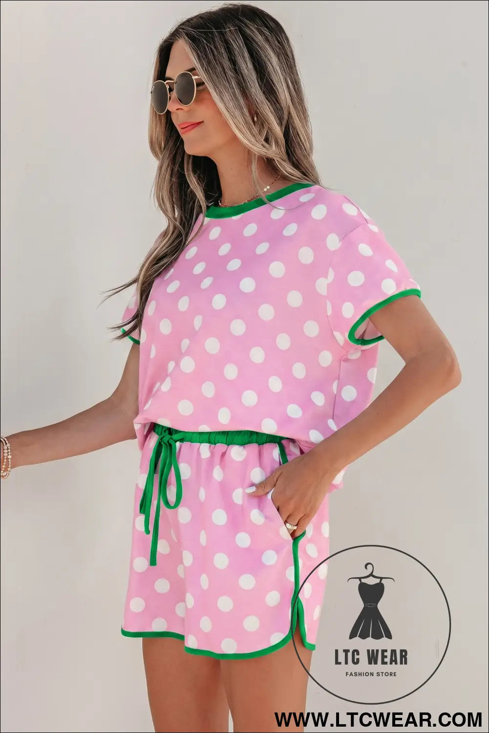 Pink Polka Dot Contrast Edge Casual Short Set - L.T.C Wear Online Fashion Store