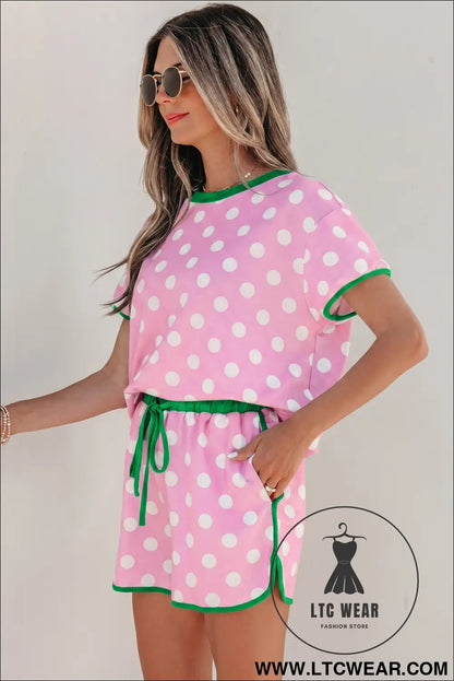 Pink Polka Dot Contrast Edge Casual Short Set - L.T.C Wear Online Fashion Store