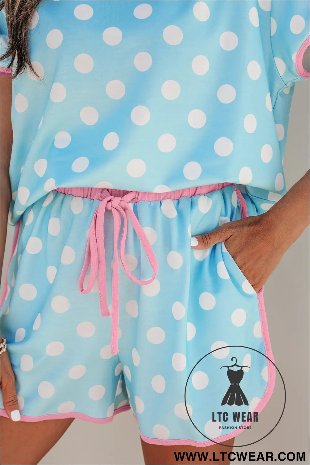Pink Polka Dot Contrast Edge Casual Short Set - L.T.C Wear Online Fashion Store