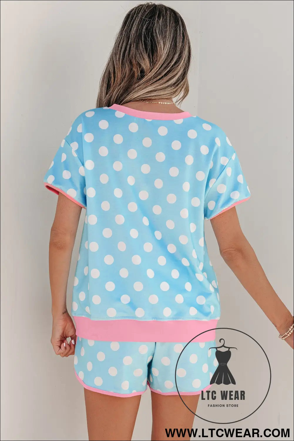 Pink Polka Dot Contrast Edge Casual Short Set - L.T.C Wear Online Fashion Store