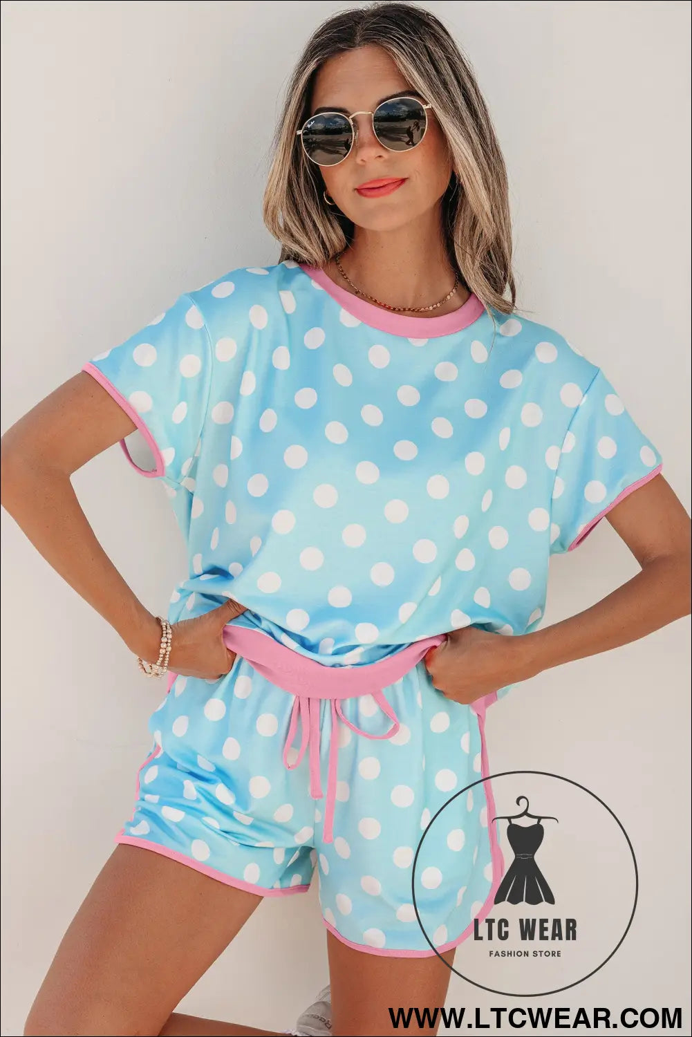 Pink Polka Dot Contrast Edge Casual Short Set - L.T.C Wear Online Fashion Store