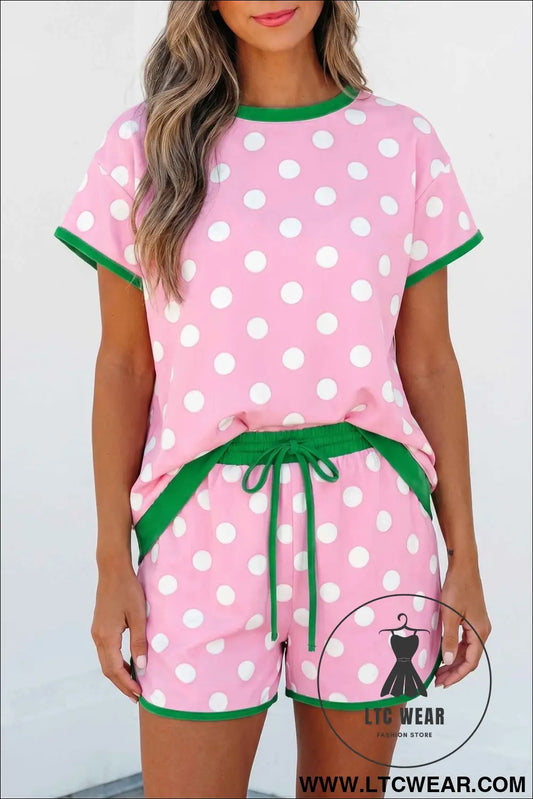 Pink Polka Dot Contrast Edge Casual Short Set