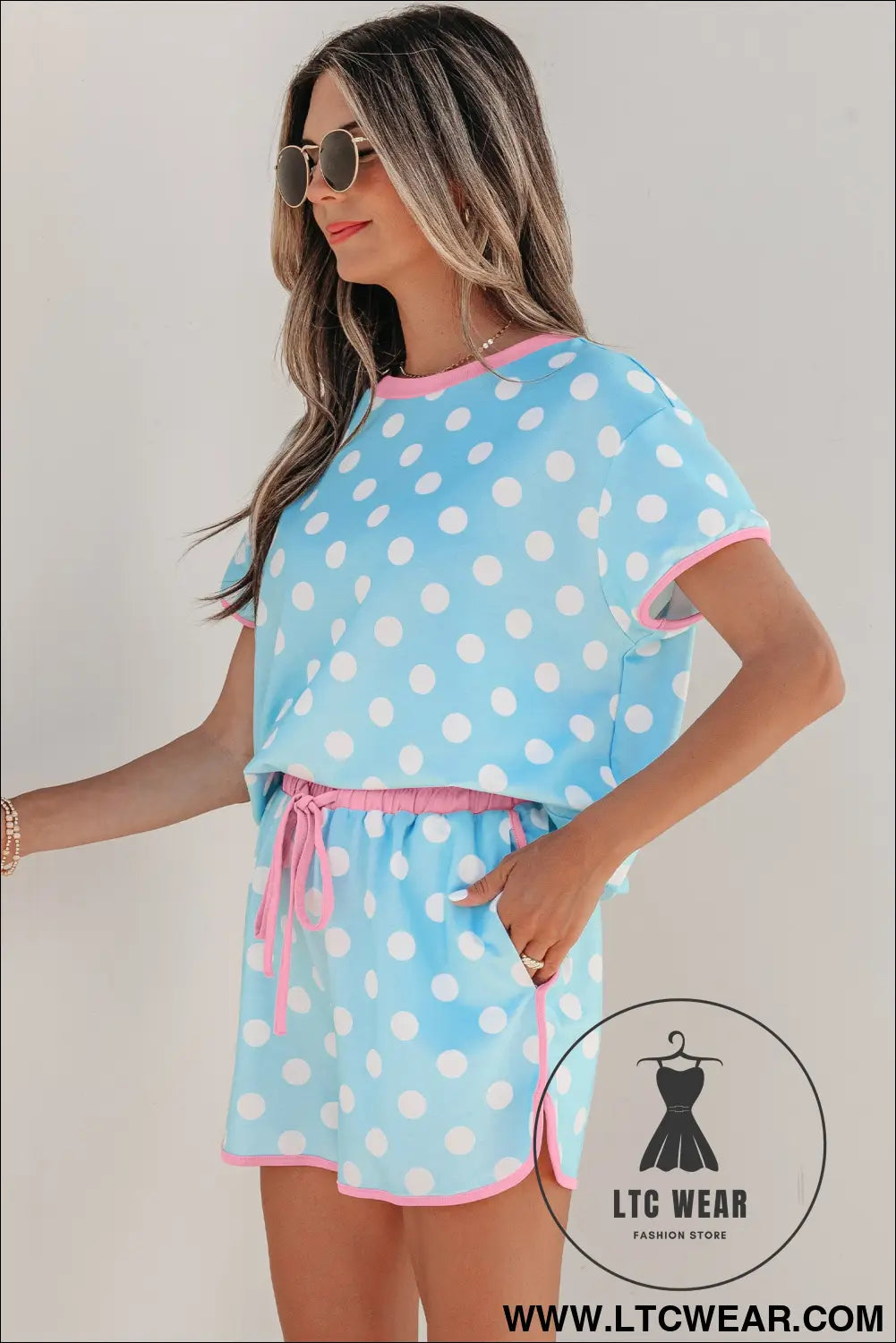 Pink Polka Dot Contrast Edge Casual Short Set - L.T.C Wear Online Fashion Store