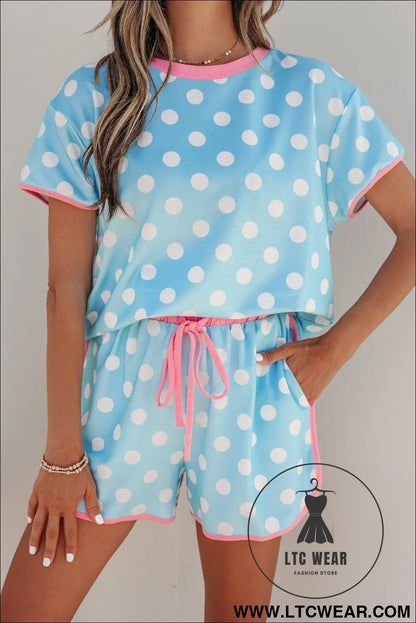 Pink Polka Dot Contrast Edge Casual Short Set - L.T.C Wear Online Fashion Store