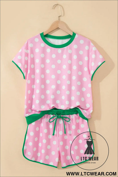 Pink Polka Dot Contrast Edge Casual Short Set - L.T.C Wear Online Fashion Store