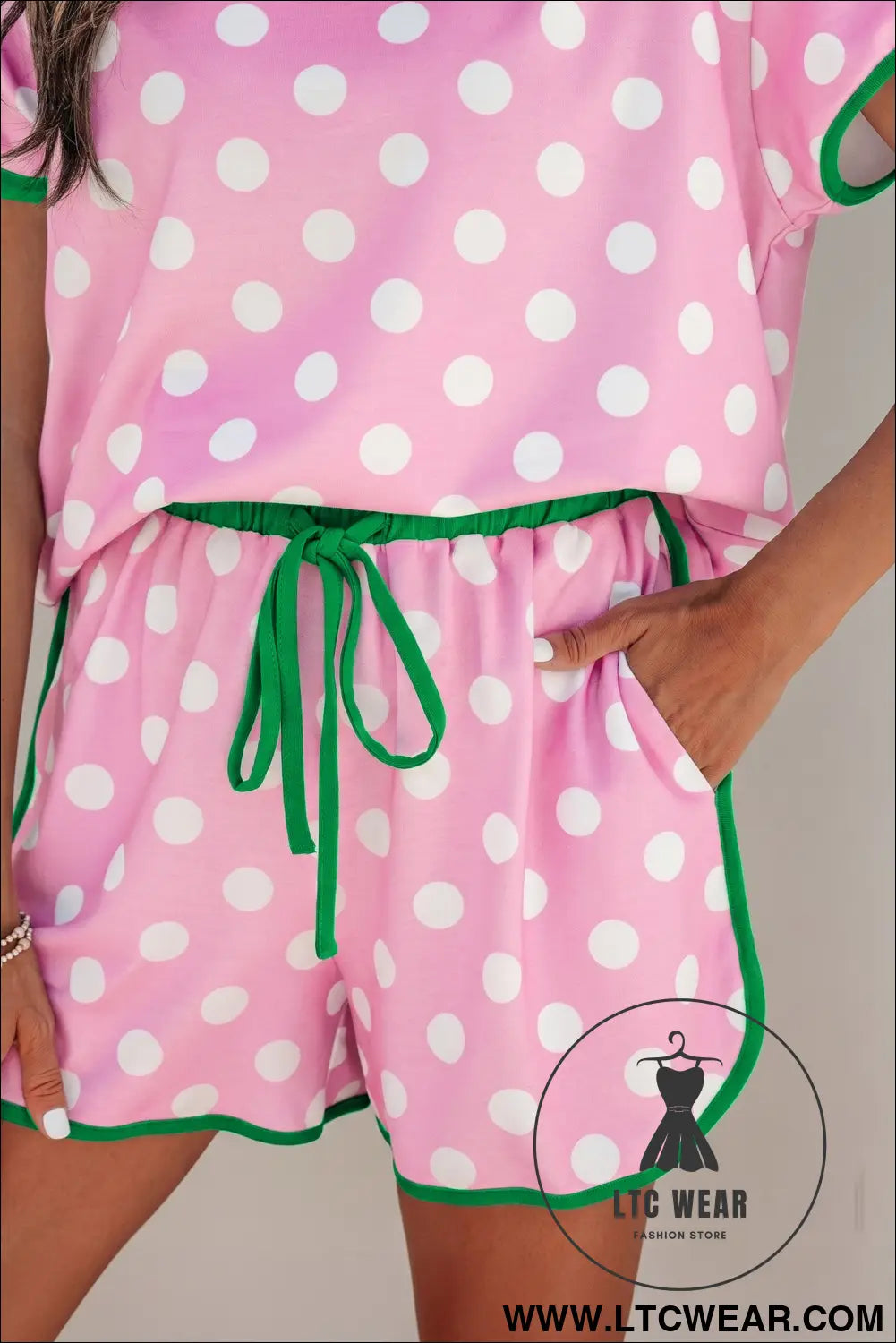 Pink Polka Dot Contrast Edge Casual Short Set - L.T.C Wear Online Fashion Store